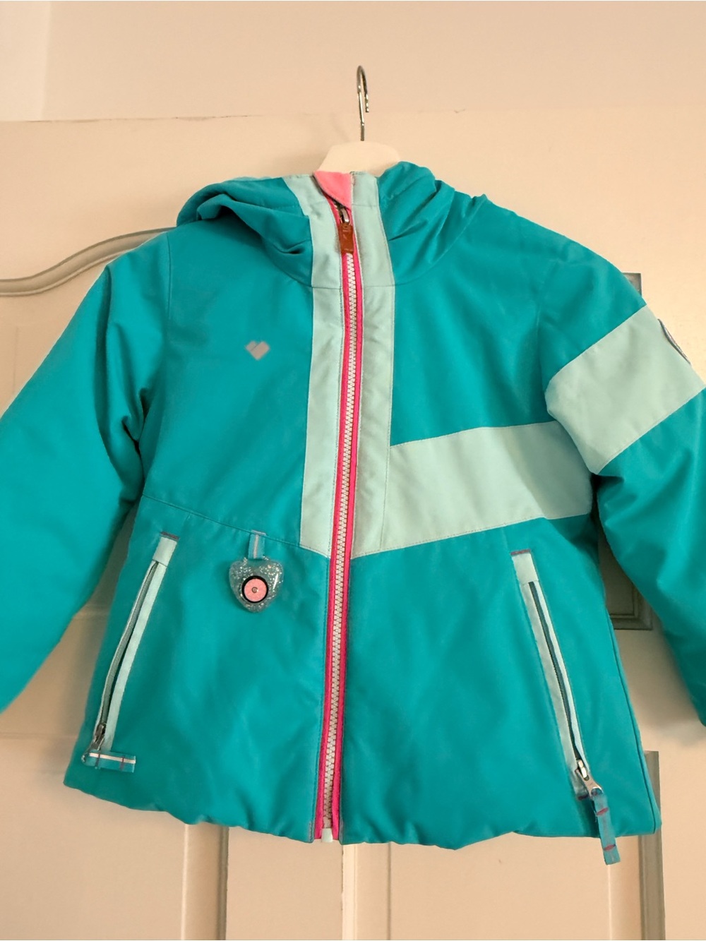 Obermeyer Teal and Mint Girls' Hooded Puffer Jacket with Pink Zip